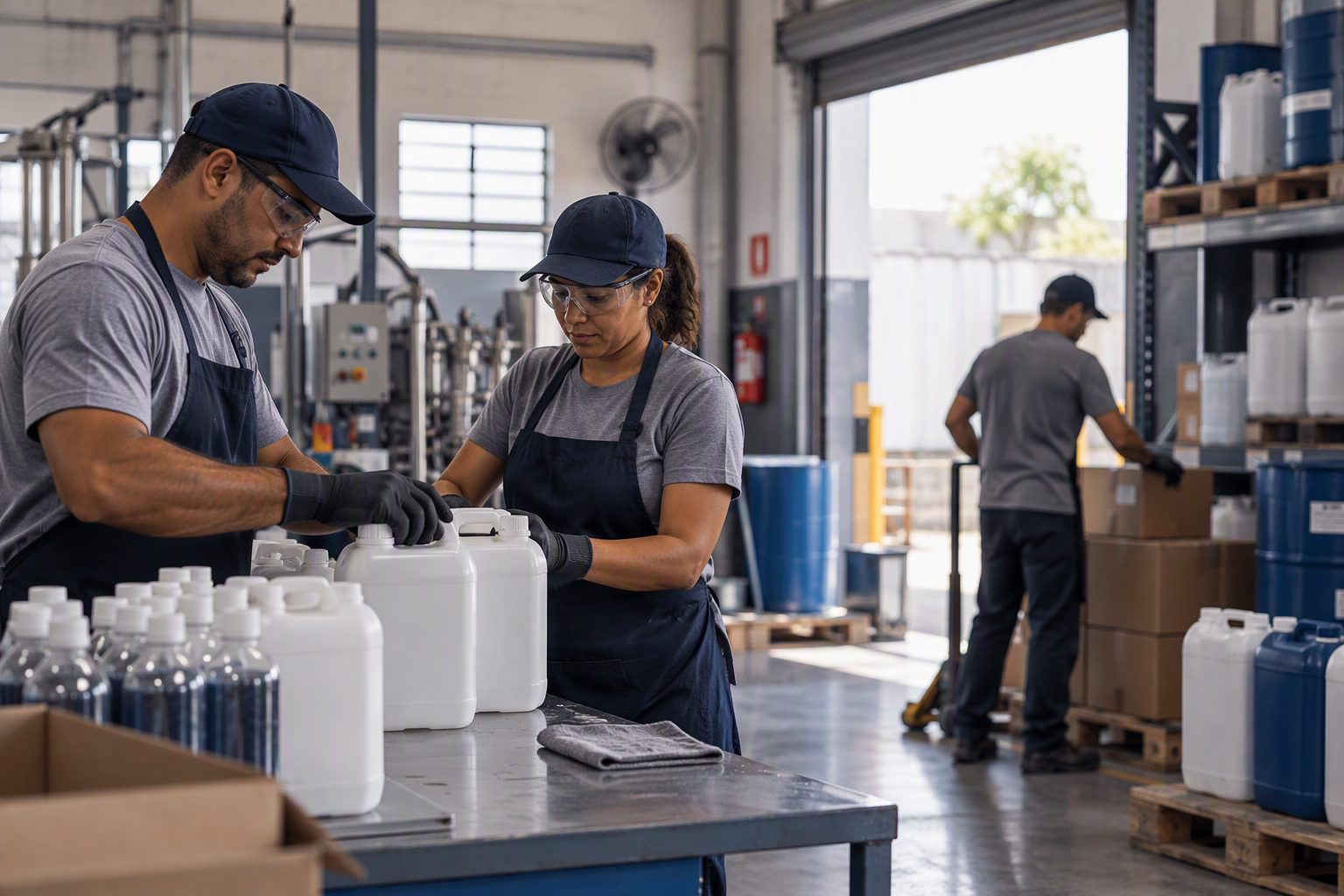 Operários com avental, boné, óculos de proteção e luvas manuseiam bombonas e frascos de produto químico em um galpão de armazenagem