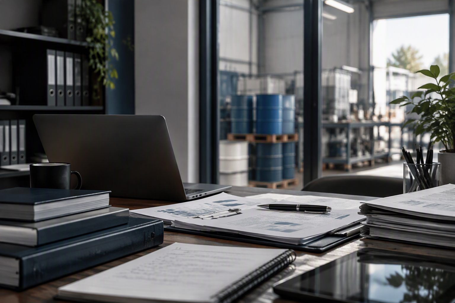 Mesa de escritório com documentos técnicos e computador diante de um ambiente industrial